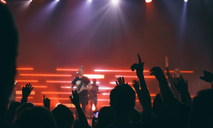 A crowd of people  at a concert and a man on stage far off in the background. | St. Louis, MO