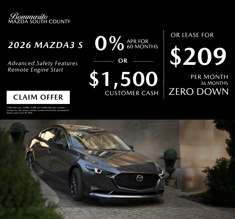 2026 Mazda3 S 0% APR or Lease $209