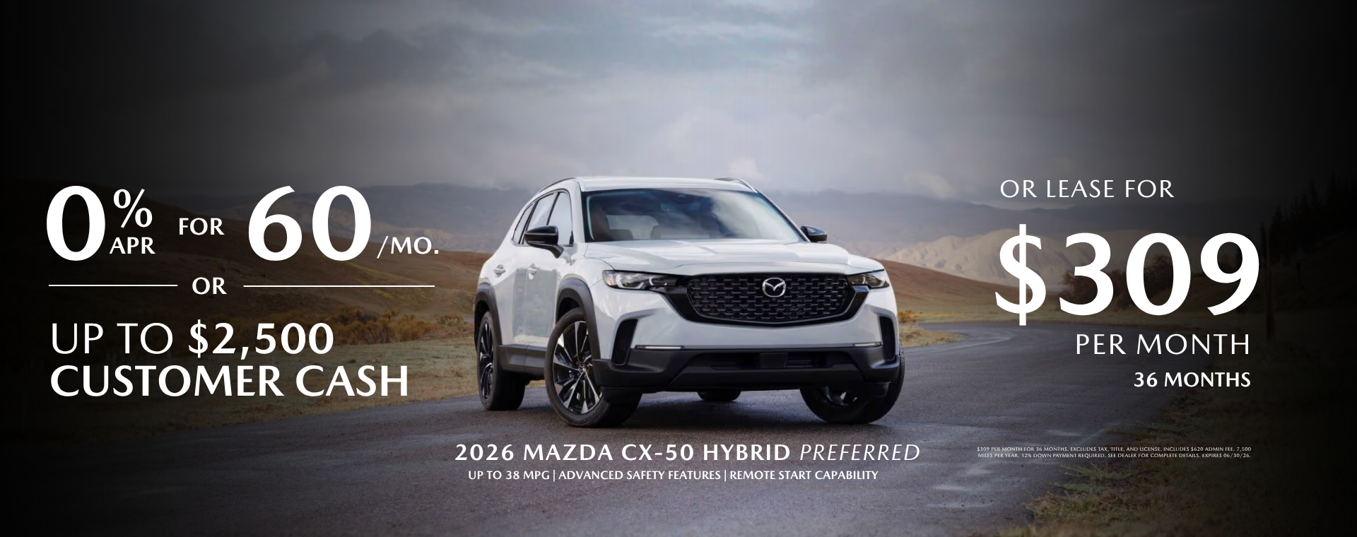 2026 Mazda CX-50 Preferred 0% APR OR Lease $309